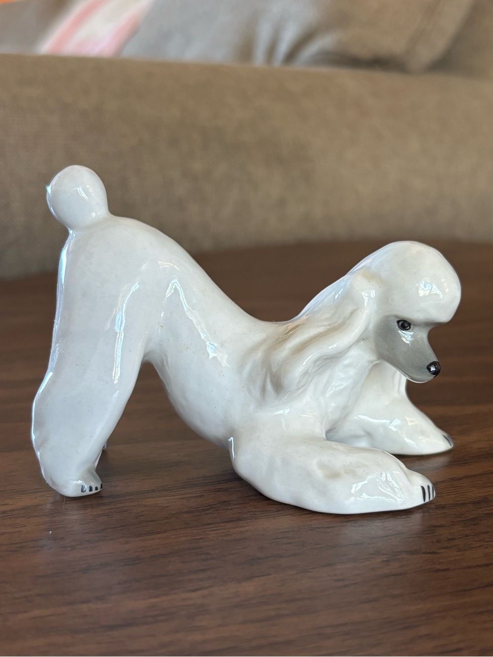 Vintage USSR LFZ Lomonosov Porcelain White Playing Poodle Dog Figurine
